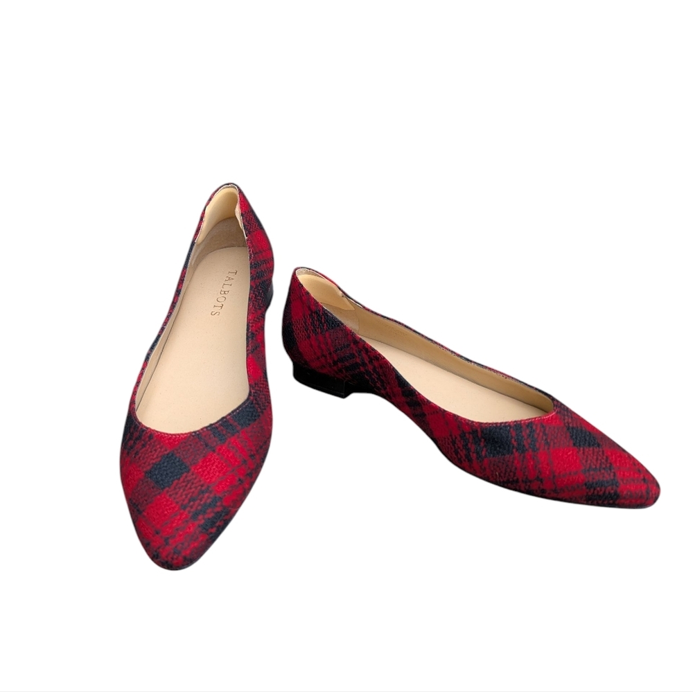 Talbots Edison Classic Red Black Tartan Plaid Flats, Shoe Size 8 US